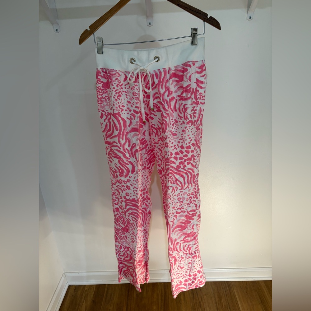 Lilly Pulitzer The Beach Pant Pink & White Jungle print 100% Linen